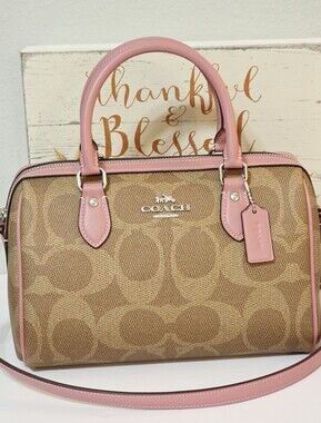 NEW Coach Rowan Pink Tan Crossbody Bag Maxi Signature CCD76 Purse Silver Satchel